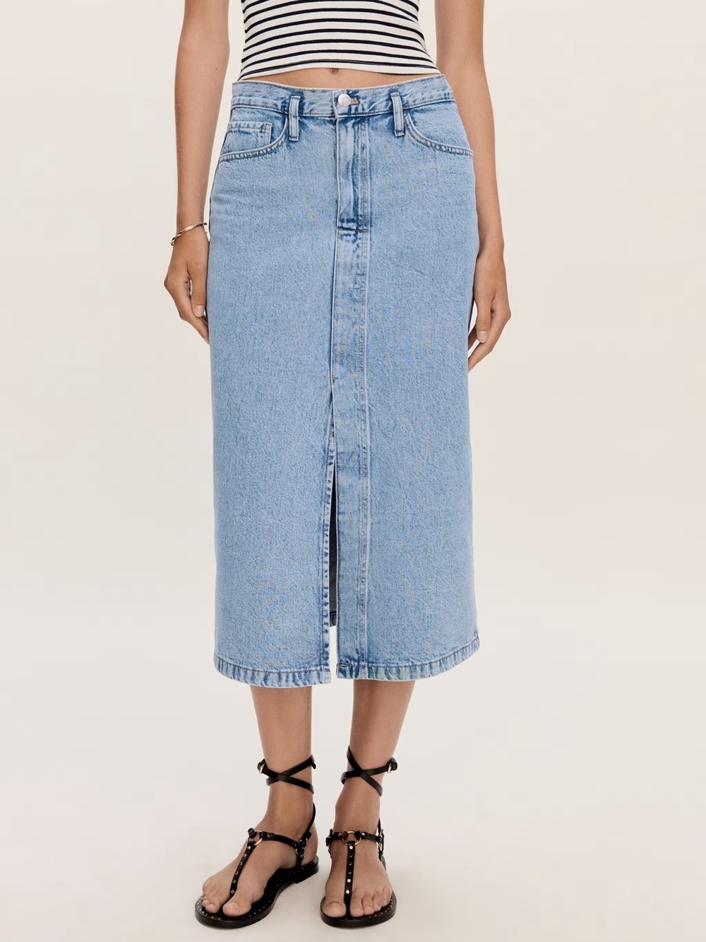 Mango Light Wash Midi Denim Skirt with Front Slit